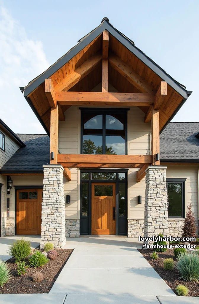 modern farmhouse with stone and wood siding, wooden beams, and landscaped entry path. 1