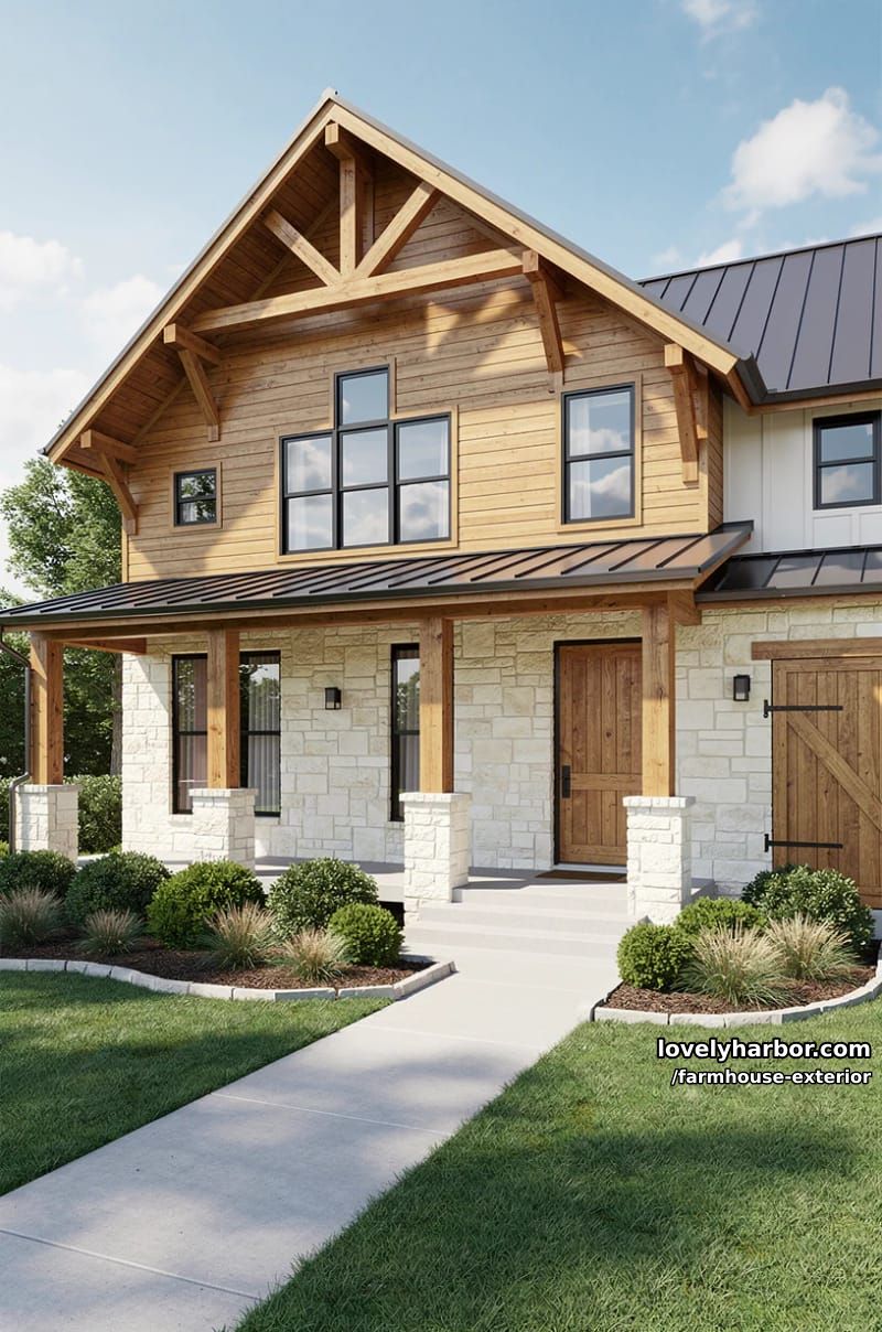 modern farmhouse with stone and wood siding, wooden beams, and landscaped entry path. 1
