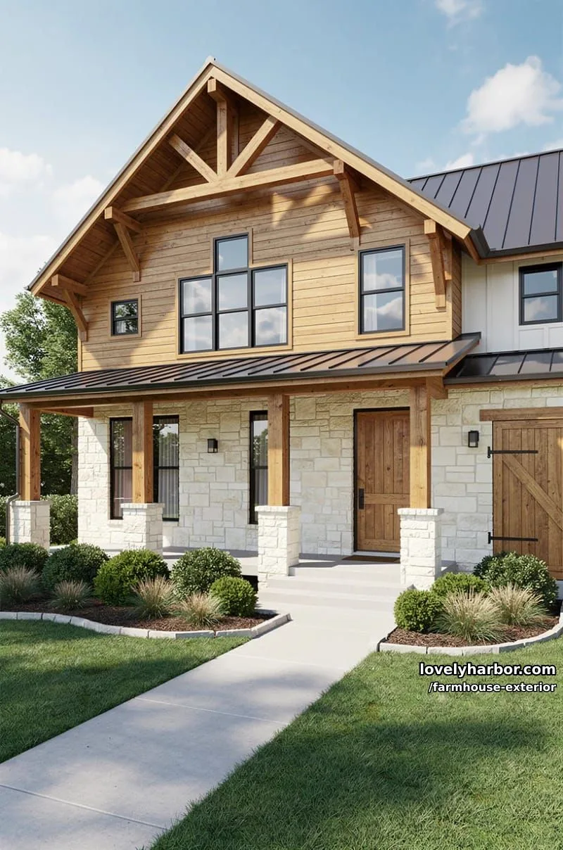 44 New Farmhouse Exterior Designs To Copy 6 modern farmhouse with stone and wood siding, wooden beams, and landscaped entry path. 1
