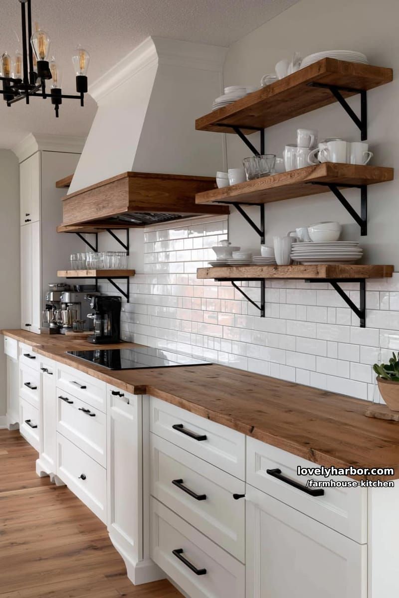 modern farmhouse with white cabinets, and wood shelves 1