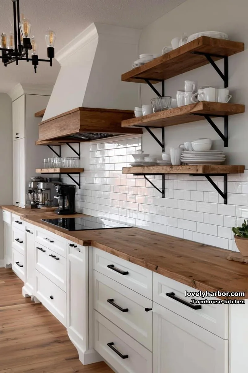 44 Trendy Farmhouse Kitchen Ideas to Inspire Your Next Remodel 19 modern farmhouse with white cabinets, and wood shelves 1