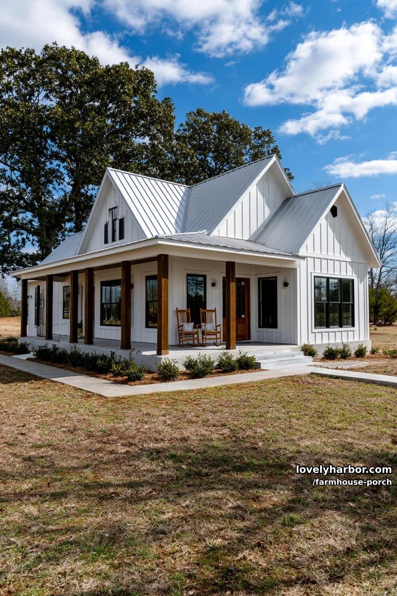 modern farmhouse with wraparound porch, dark wood columns, rocking chairs, and open yard. 1