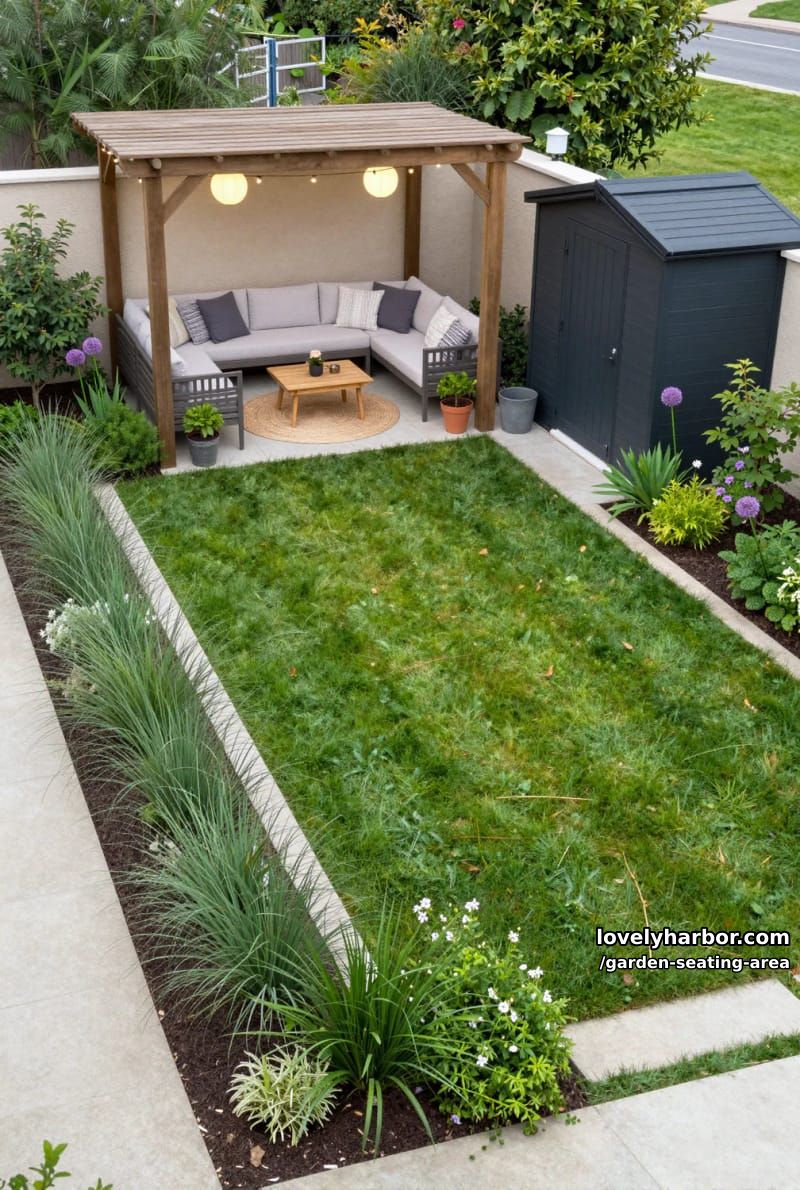 modern garden, rectangular lawn, pergola seating, string lights, flower beds, and shed 1