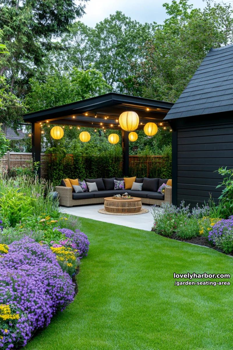 modern garden, rectangular lawn, pergola seating, string lights, flower beds, and shed 1