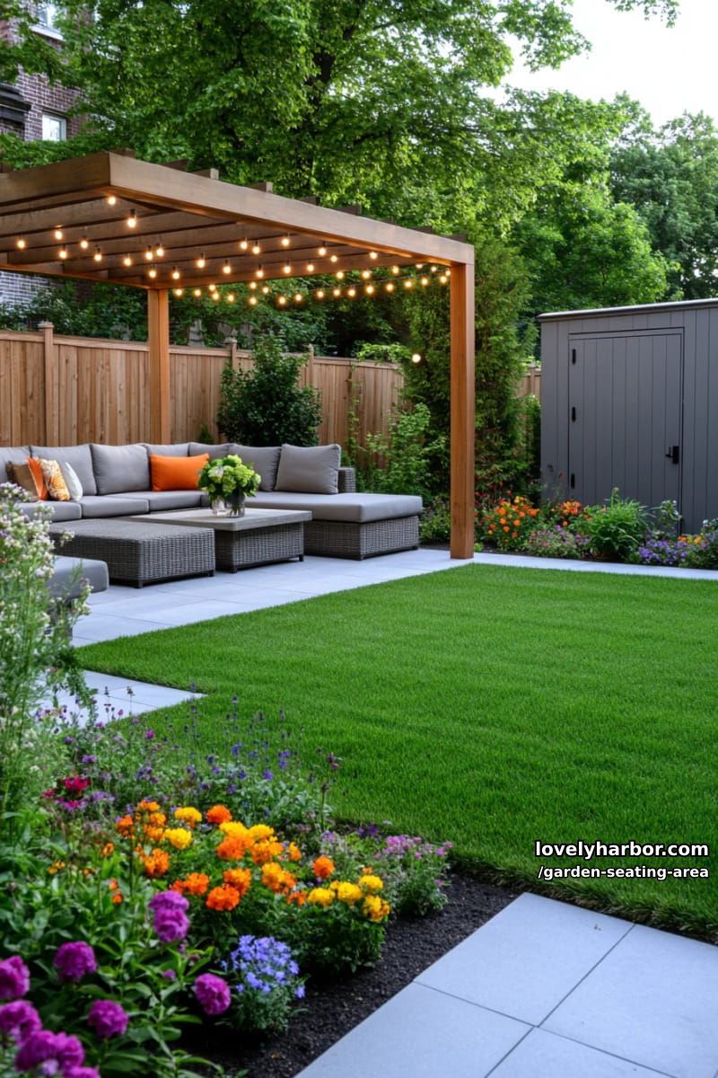 modern garden, rectangular lawn, pergola seating, string lights, flower beds, and shed 1