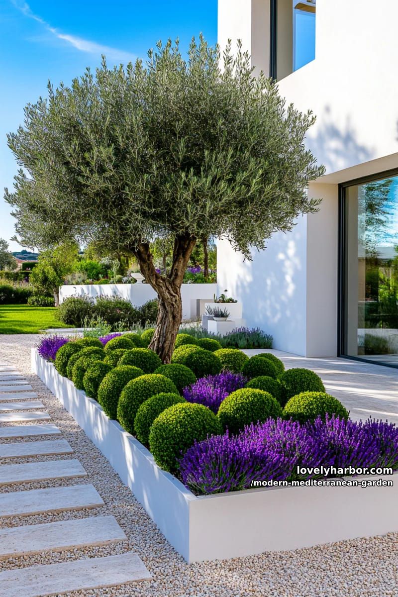 modern garden with olive tree, boxwood spheres, lavender, and white planters. 1
