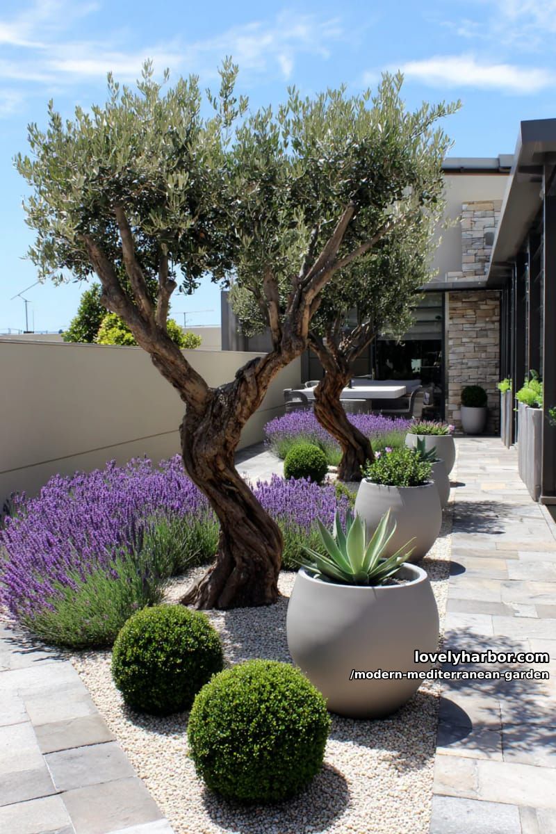 modern garden with olive tree, boxwood spheres, lavender, and white planters. 1
