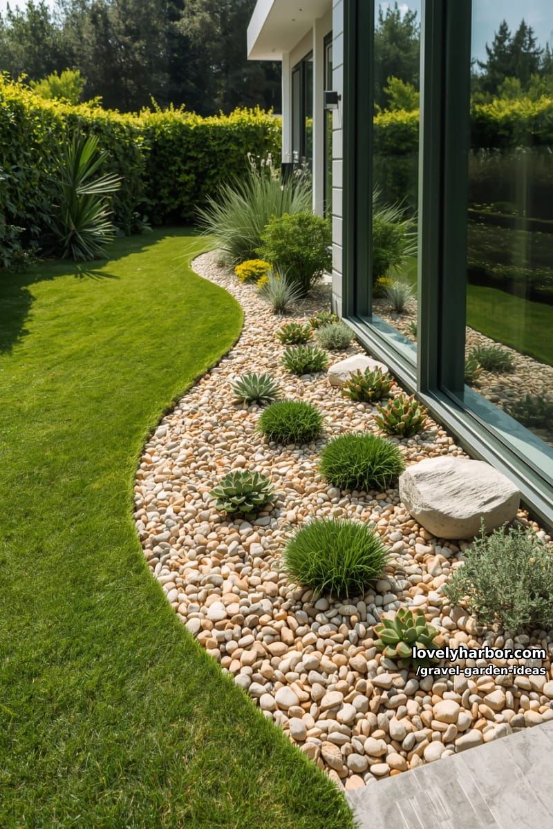 modern garden with pebble bed, ornamental shrubs, and contemporary building. 1