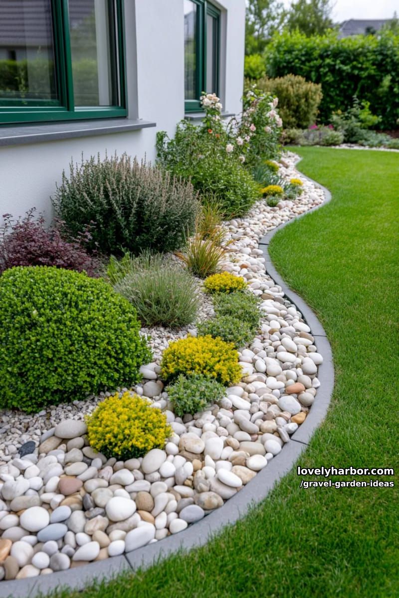 modern garden with pebble bed, ornamental shrubs, and contemporary building. 1