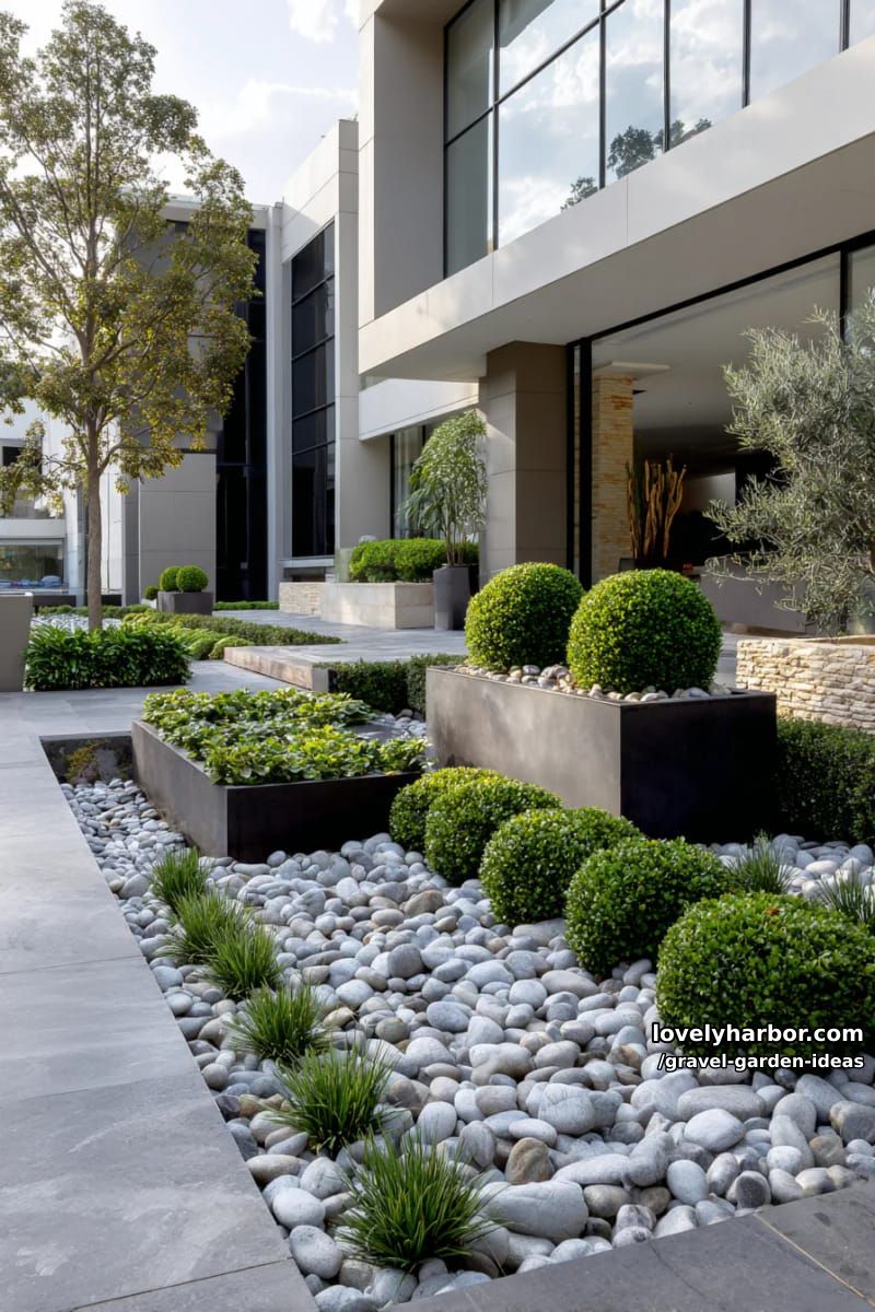 modern garden with pebble bed, ornamental shrubs, and contemporary building. 1