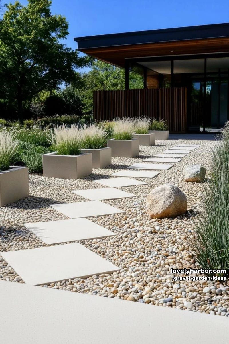 modern gravel garden design with geometric paving and ornamental plants. 1
