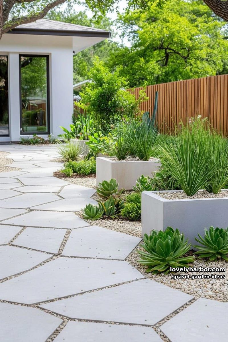 modern gravel garden design with geometric paving and ornamental plants. 1