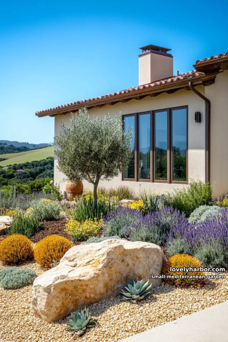 modern house, stucco walls, dry garden, olive tree, mediterranean plants. 1