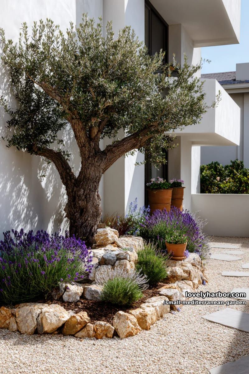 modern house, stucco walls, dry garden, olive tree, mediterranean plants. 1
