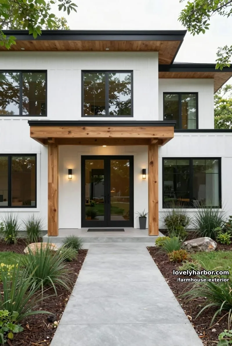 44 New Farmhouse Exterior Designs To Copy 65 modern house, white siding, wood accents, floor-to-ceiling windows, flat roof, minimalist landscaping. 1