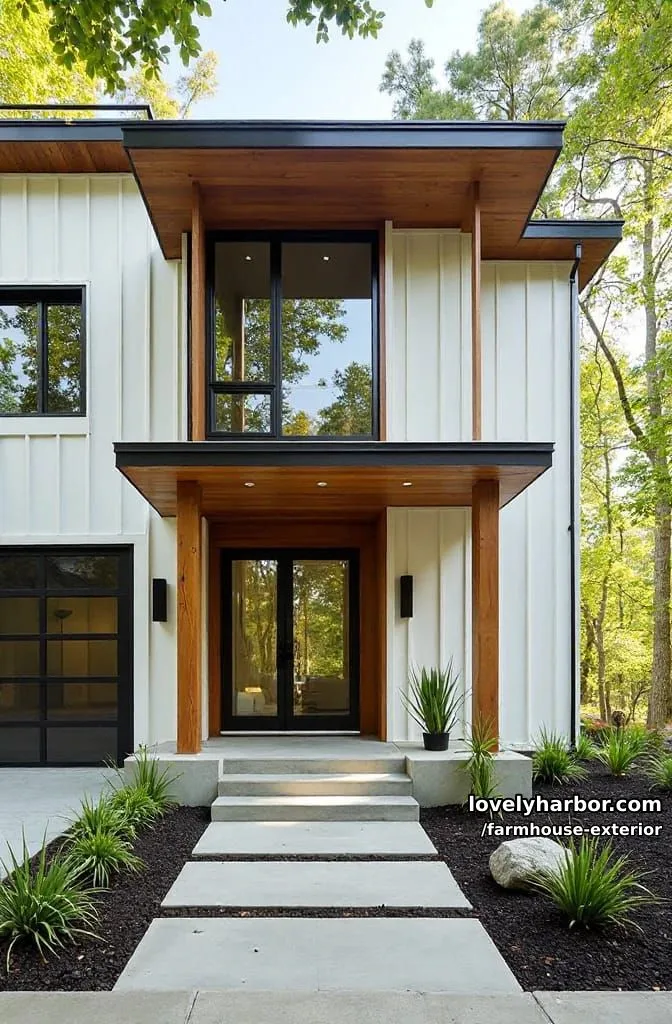 44 New Farmhouse Exterior Designs To Copy 66 modern house, white siding, wood accents, floor-to-ceiling windows, flat roof, minimalist landscaping. 1