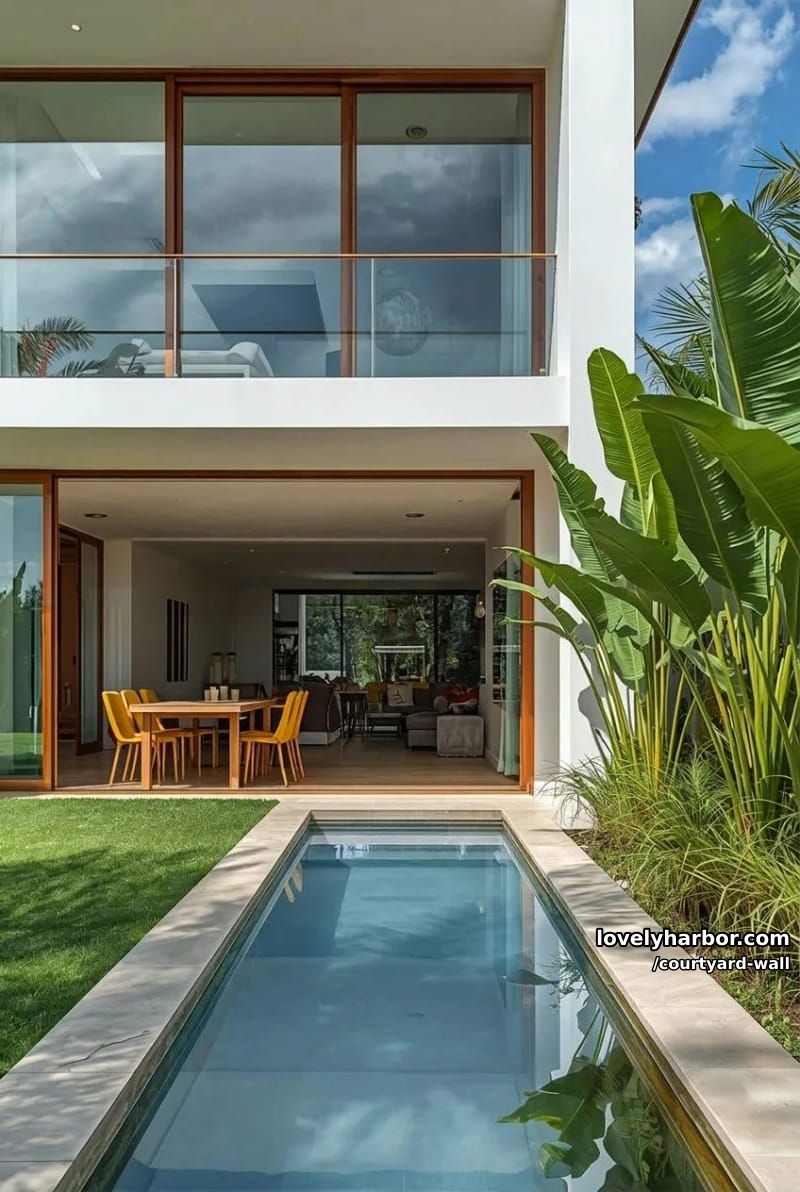 modern house with glass walls, wooden accents, reflecting pond, and tropical plants 1