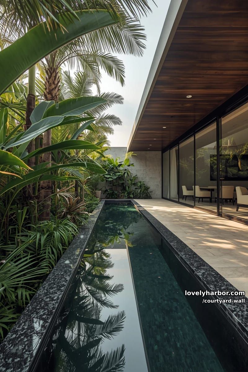 modern house with glass walls, wooden accents, reflecting pond, and tropical plants 1