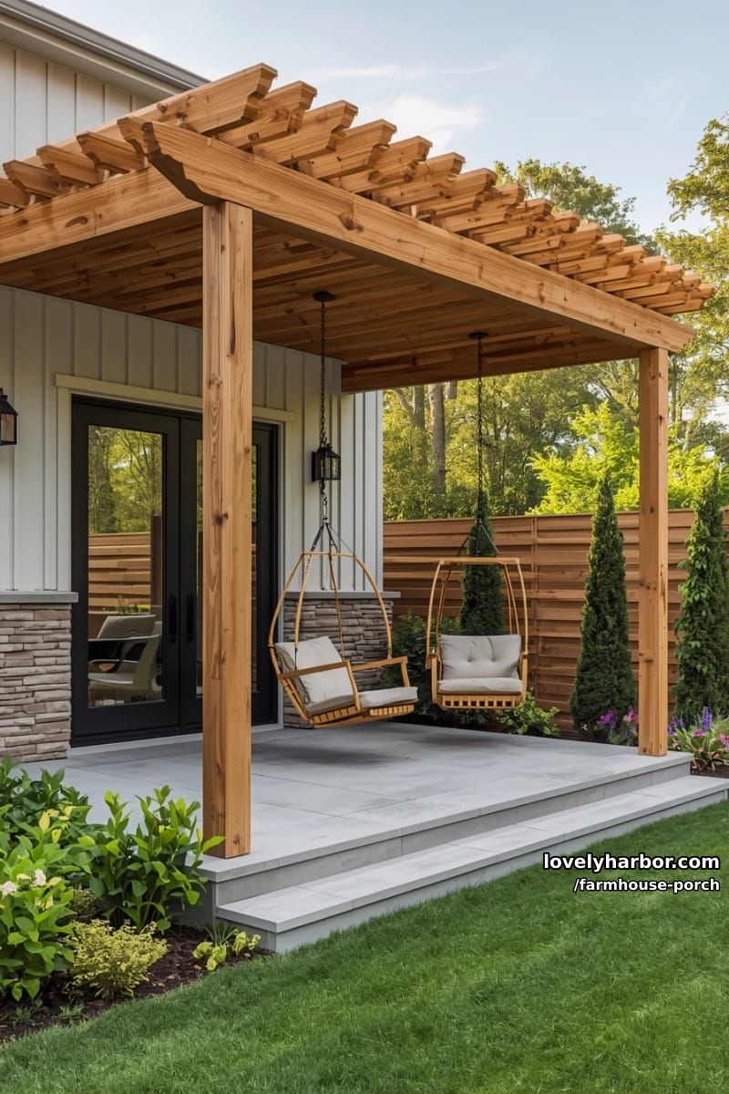 modern house with pergola, swing chairs, glass doors, and lush landscaping. 1