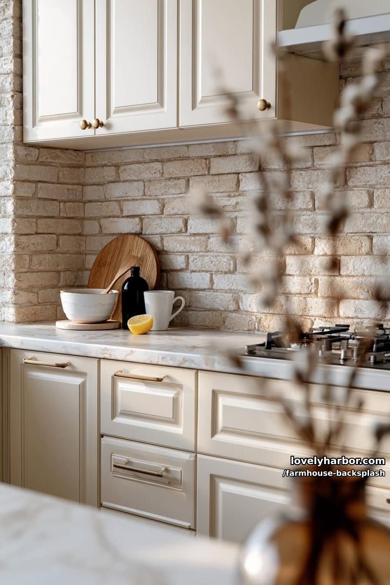 modern kitchen with beige brick backsplash, cream cabinets, and marble countertop. 1