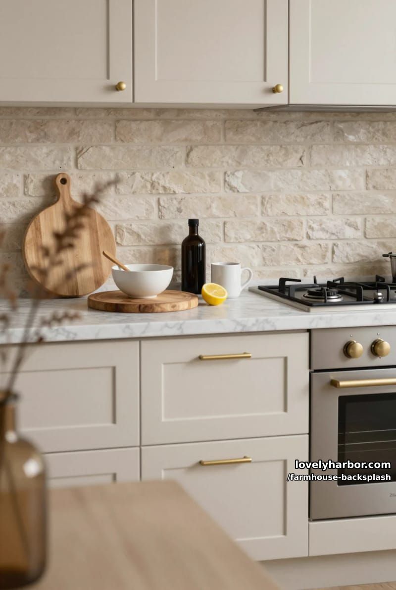 modern kitchen with beige brick backsplash, cream cabinets, and marble countertop. 1