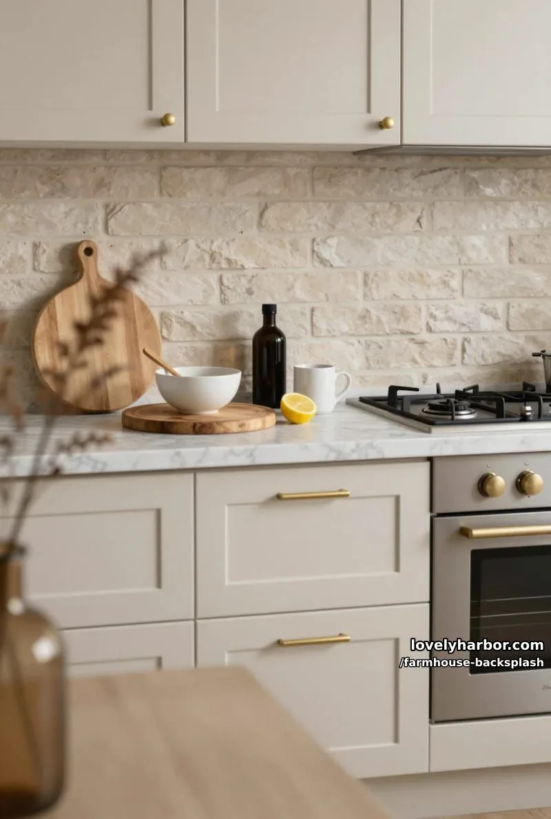 57 Stunning Farmhouse Backsplash Ideas You'll Love 54 modern kitchen with beige brick backsplash, cream cabinets, and marble countertop. 1