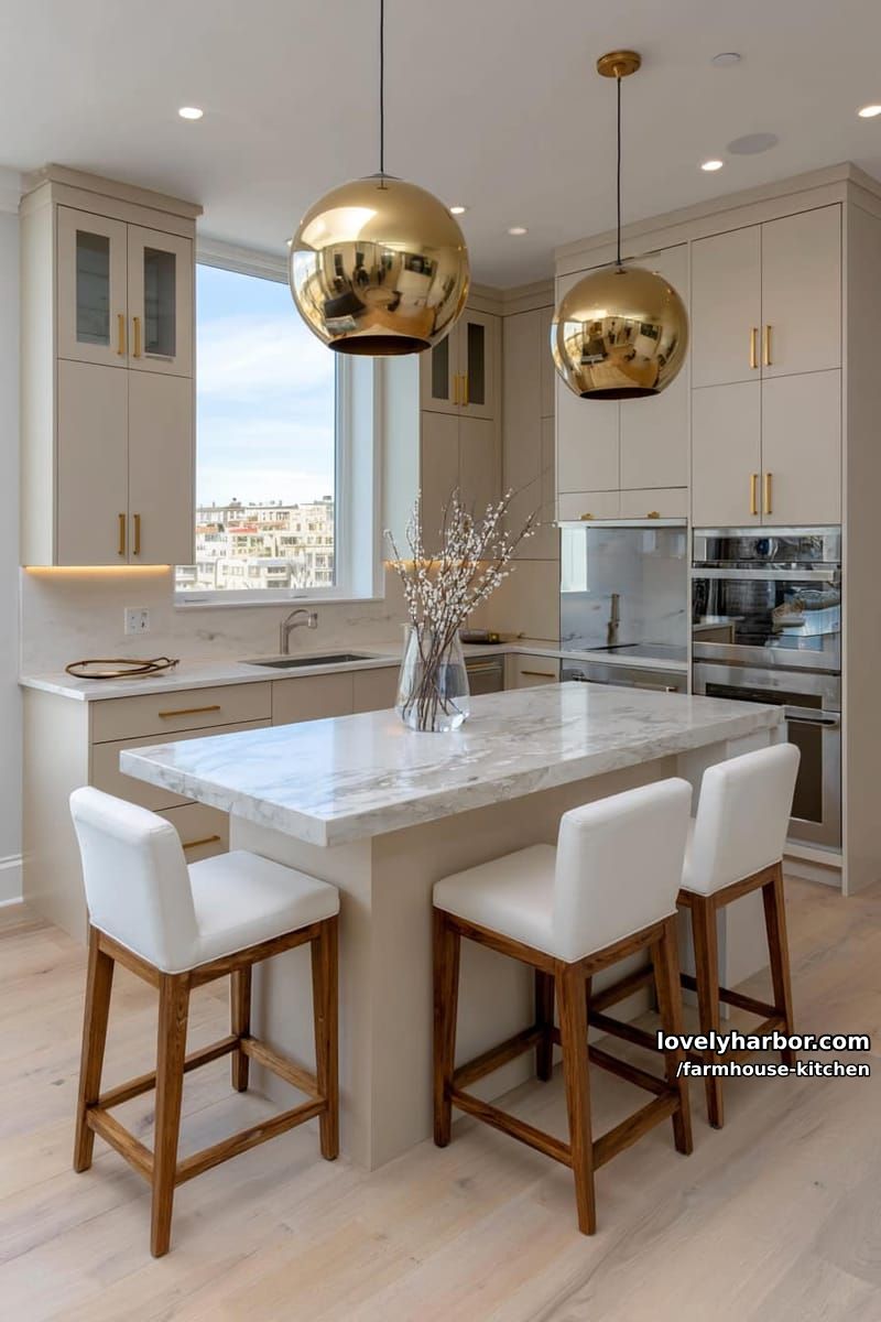 modern kitchen with beige cabinetry, marble island, and brass pendant lighting. 1