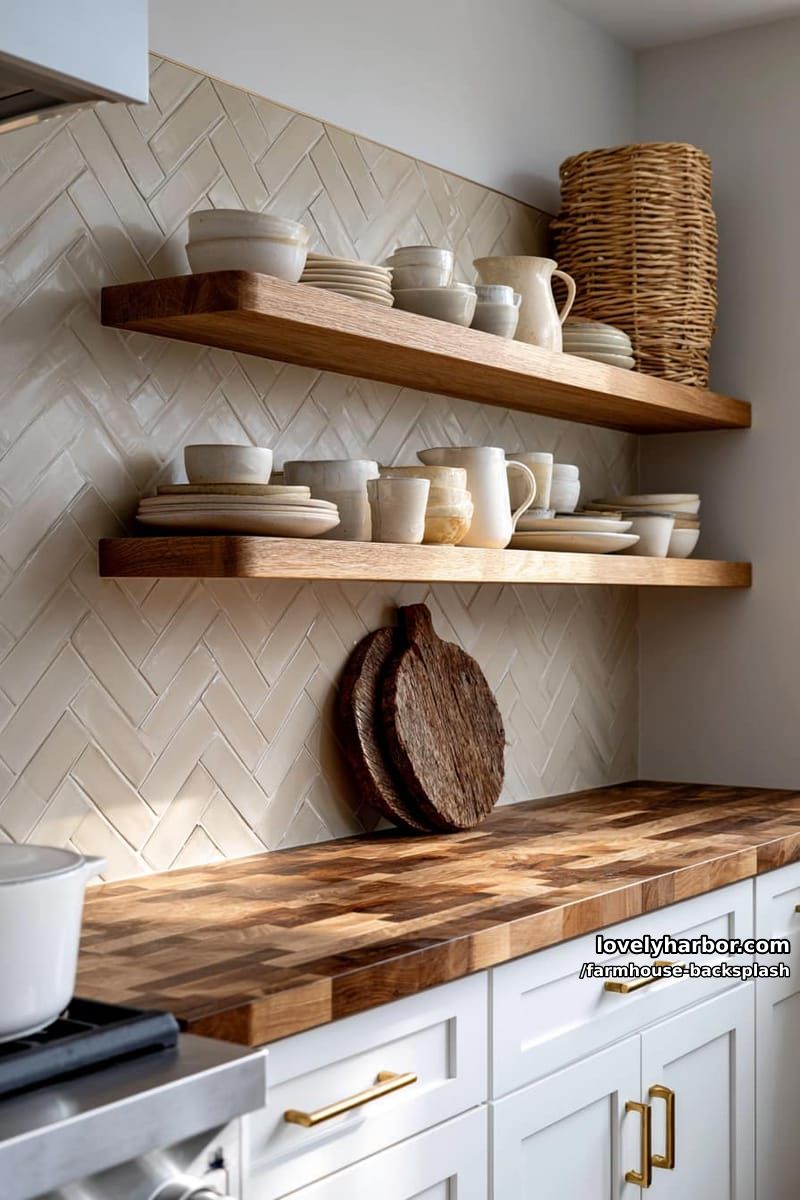 modern kitchen with beige herringbone tile backsplash and floating wood shelves. 1