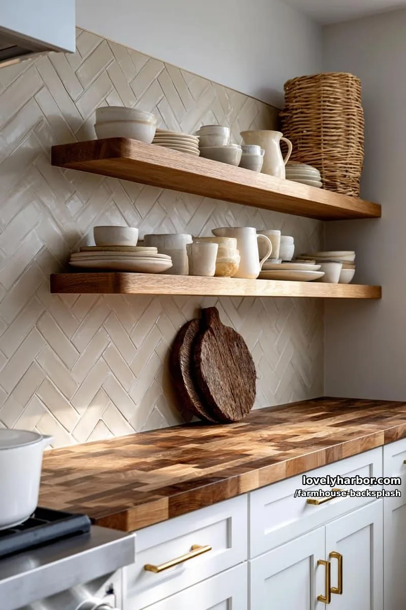 57 Stunning Farmhouse Backsplash Ideas You'll Love 37 modern kitchen with beige herringbone tile backsplash and floating wood shelves. 1