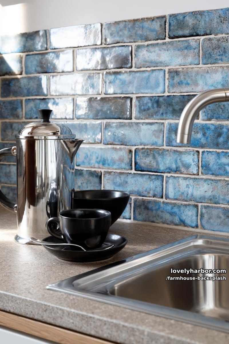 modern kitchen with blue brick tile backsplash and stainless french press. 1