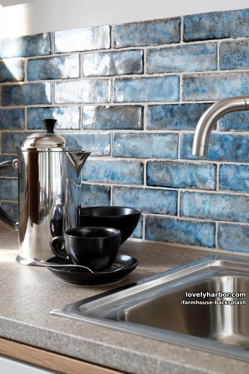 57 Stunning Farmhouse Backsplash Ideas You'll Love 20 modern kitchen with blue brick tile backsplash and stainless french press. 1