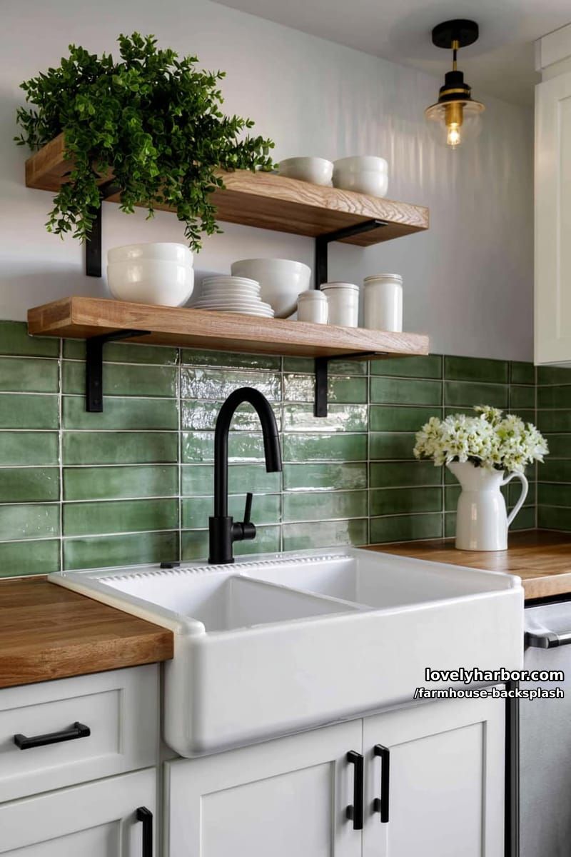 modern kitchen with green tile backsplash, farmhouse sink, and open shelves. 1