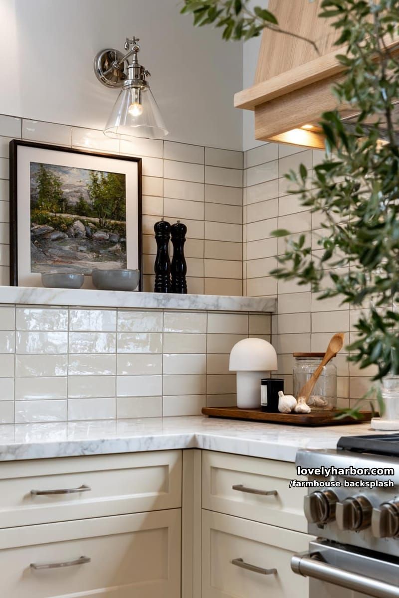 modern kitchen with marble counters, painted ledge, and tile backsplash. 1
