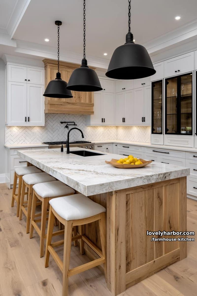 modern kitchen with marble island, wood stools, and herringbone backsplash. 1