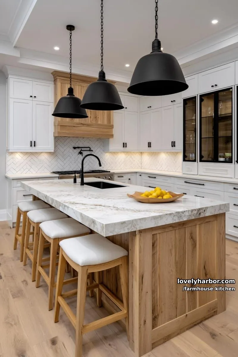 44 Trendy Farmhouse Kitchen Ideas to Inspire Your Next Remodel 37 modern kitchen with marble island, wood stools, and herringbone backsplash. 1