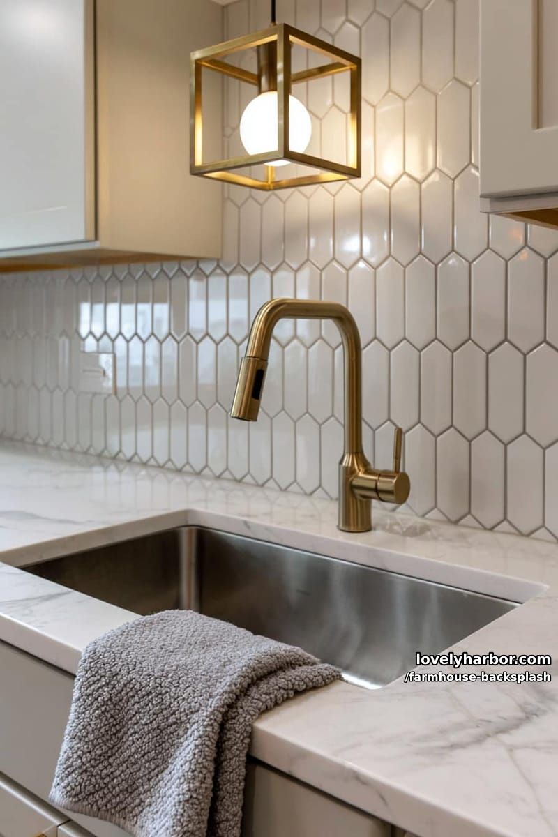 modern kitchen with marble sink, gold faucet, and white hex tile backsplash. 1
