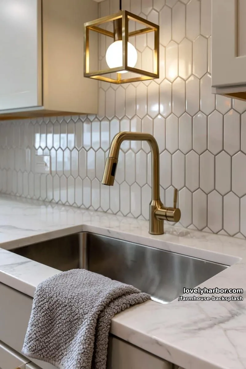 57 Stunning Farmhouse Backsplash Ideas You'll Love 56 modern kitchen with marble sink, gold faucet, and white hex tile backsplash. 1