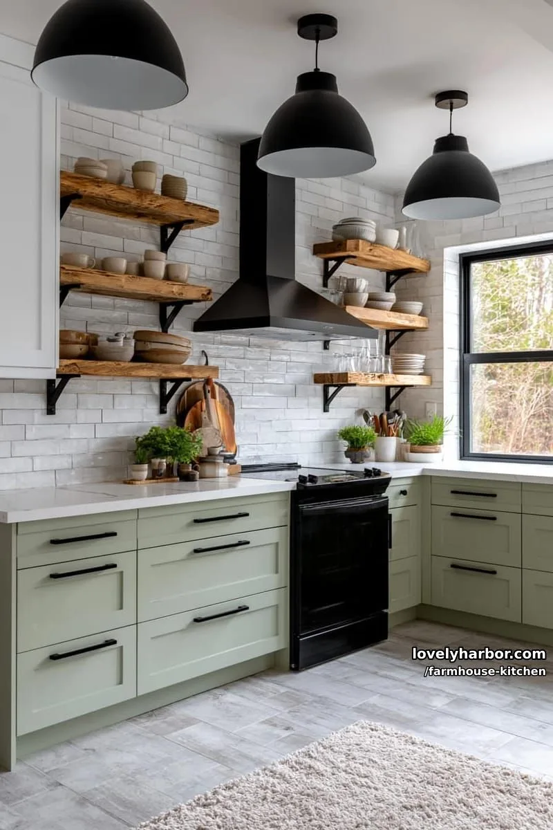 44 Trendy Farmhouse Kitchen Ideas to Inspire Your Next Remodel 42 modern kitchen with sage green lower cabinets and black pendant lights. 1