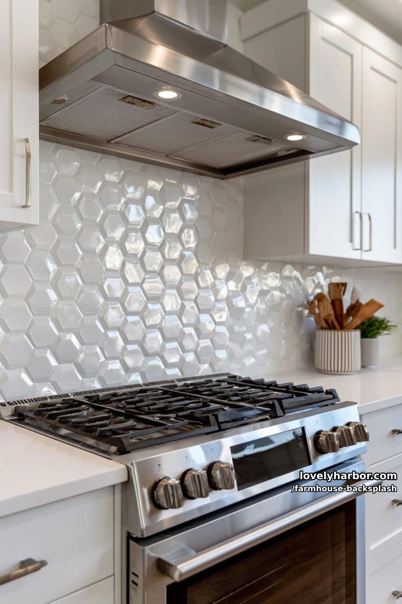 modern kitchen with stainless oven, white hex tile, and minimalist decor. 1