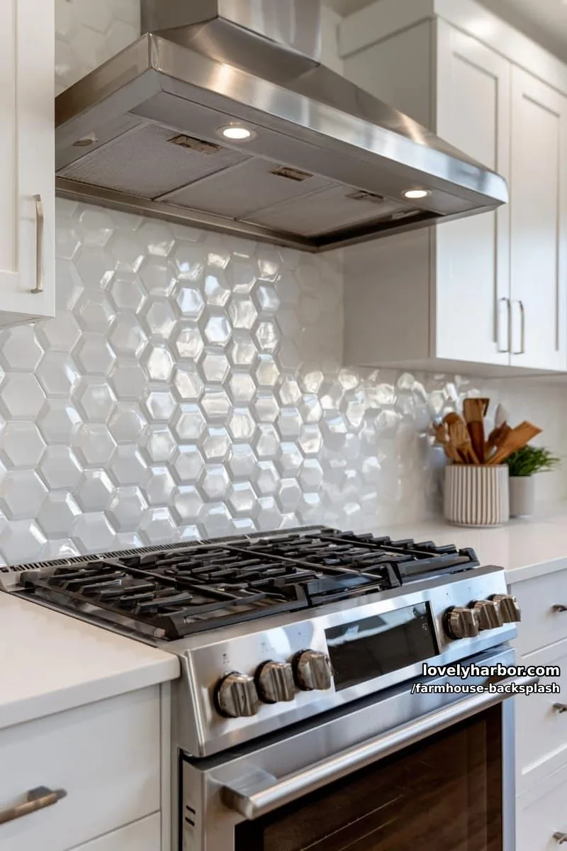 57 Stunning Farmhouse Backsplash Ideas You'll Love 74 modern kitchen with stainless oven, white hex tile, and minimalist decor. 1