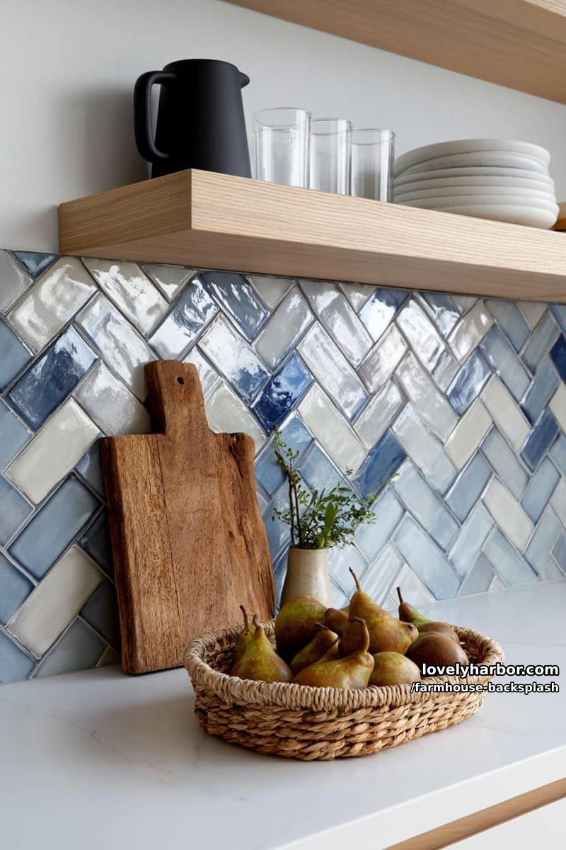 modern kitchen with white marble counters and blue herringbone tile backsplash. 1