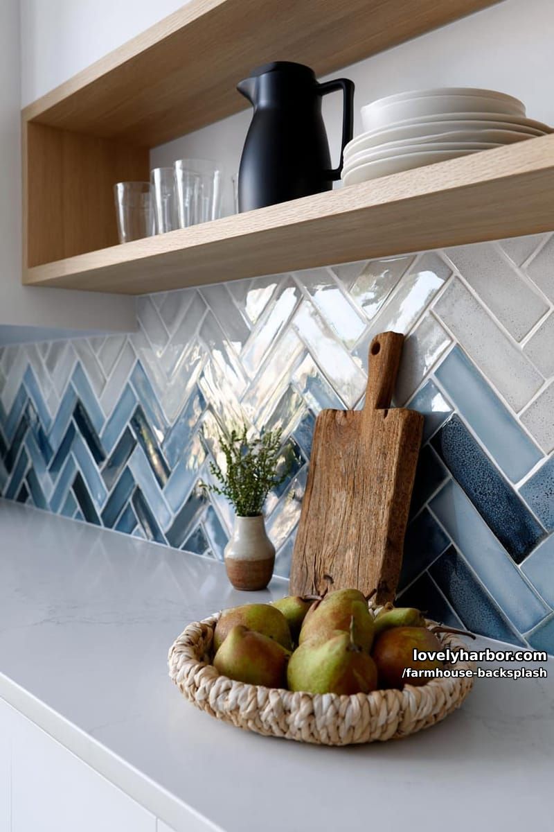 modern kitchen with white marble counters and blue herringbone tile backsplash. 1