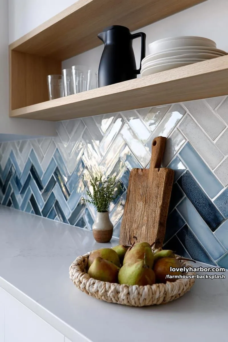 57 Stunning Farmhouse Backsplash Ideas You'll Love 4 modern kitchen with white marble counters and blue herringbone tile backsplash. 1