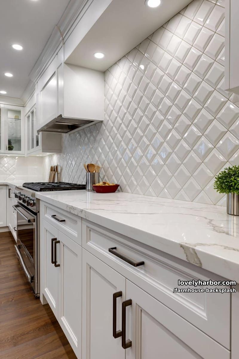 modern kitchen with white marble counters and full-height diamond tile backsplash. 1