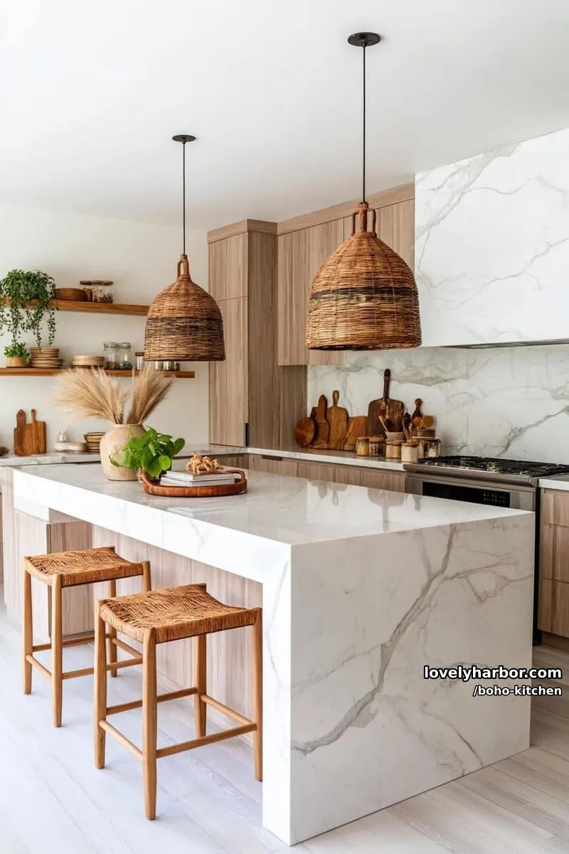 modern kitchen with white marble island, rattan stools, minimal wood cabinetry, greenery. 1