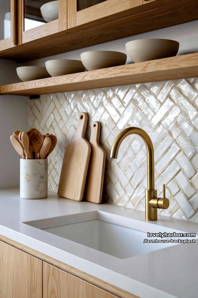 modern kitchen with wood cabinets, gold faucet, and herringbone tile backsplash. 1