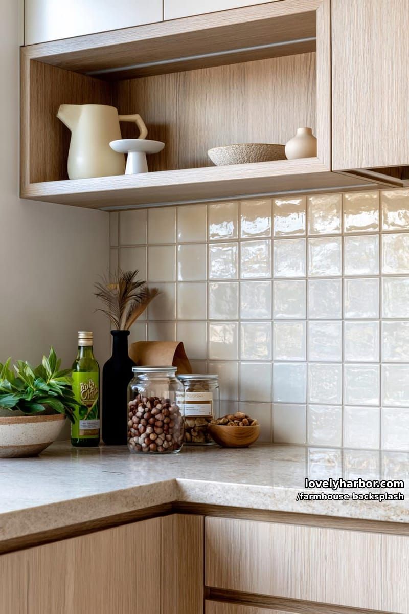 modern kitchen with wood cabinets, neutral palette, and open wooden shelf. 1