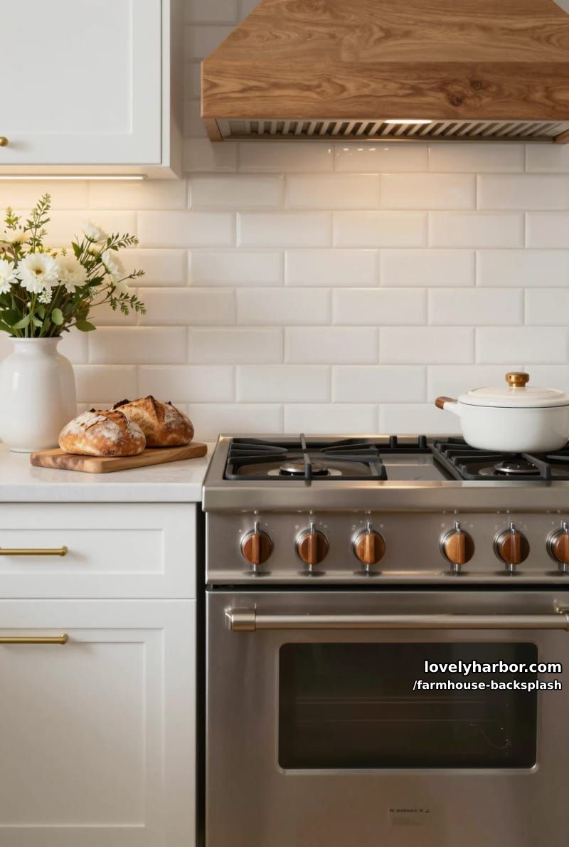modern kitchen with wooden range hood, white cabinets, and off-white tile. 1