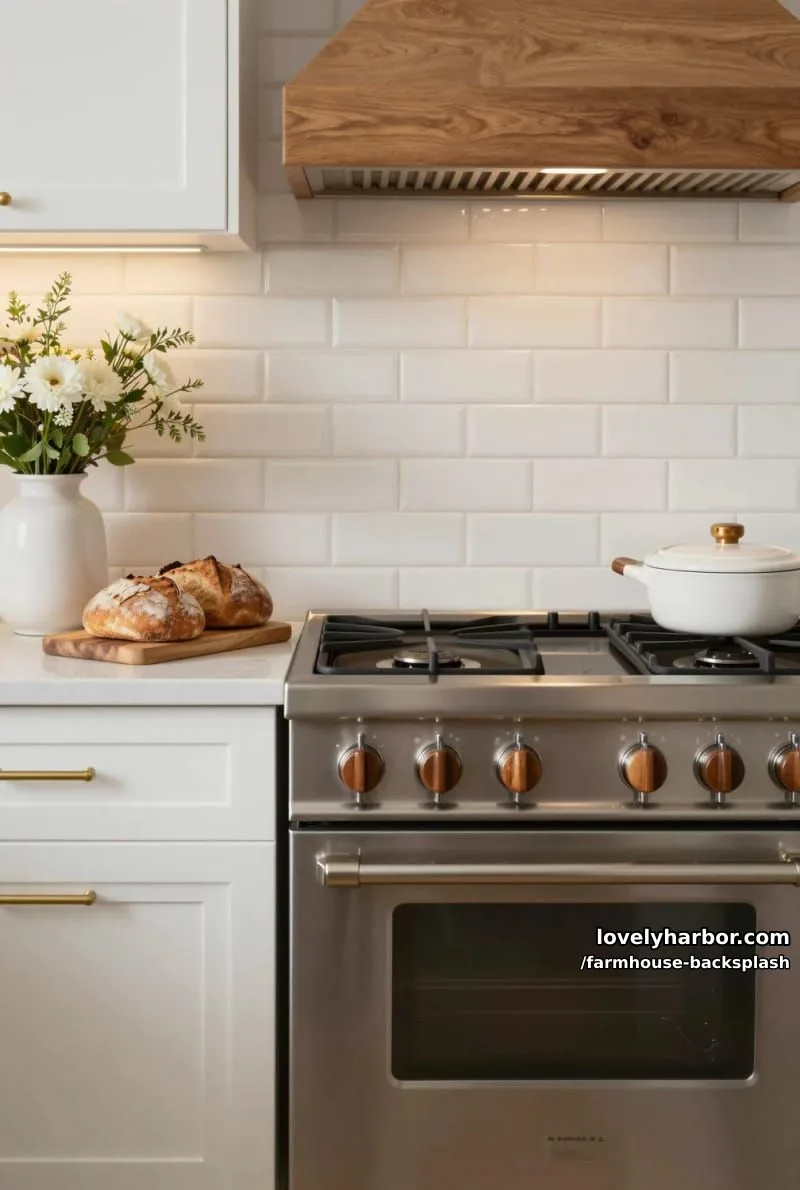 57 Stunning Farmhouse Backsplash Ideas You'll Love 12 modern kitchen with wooden range hood, white cabinets, and off-white tile. 1
