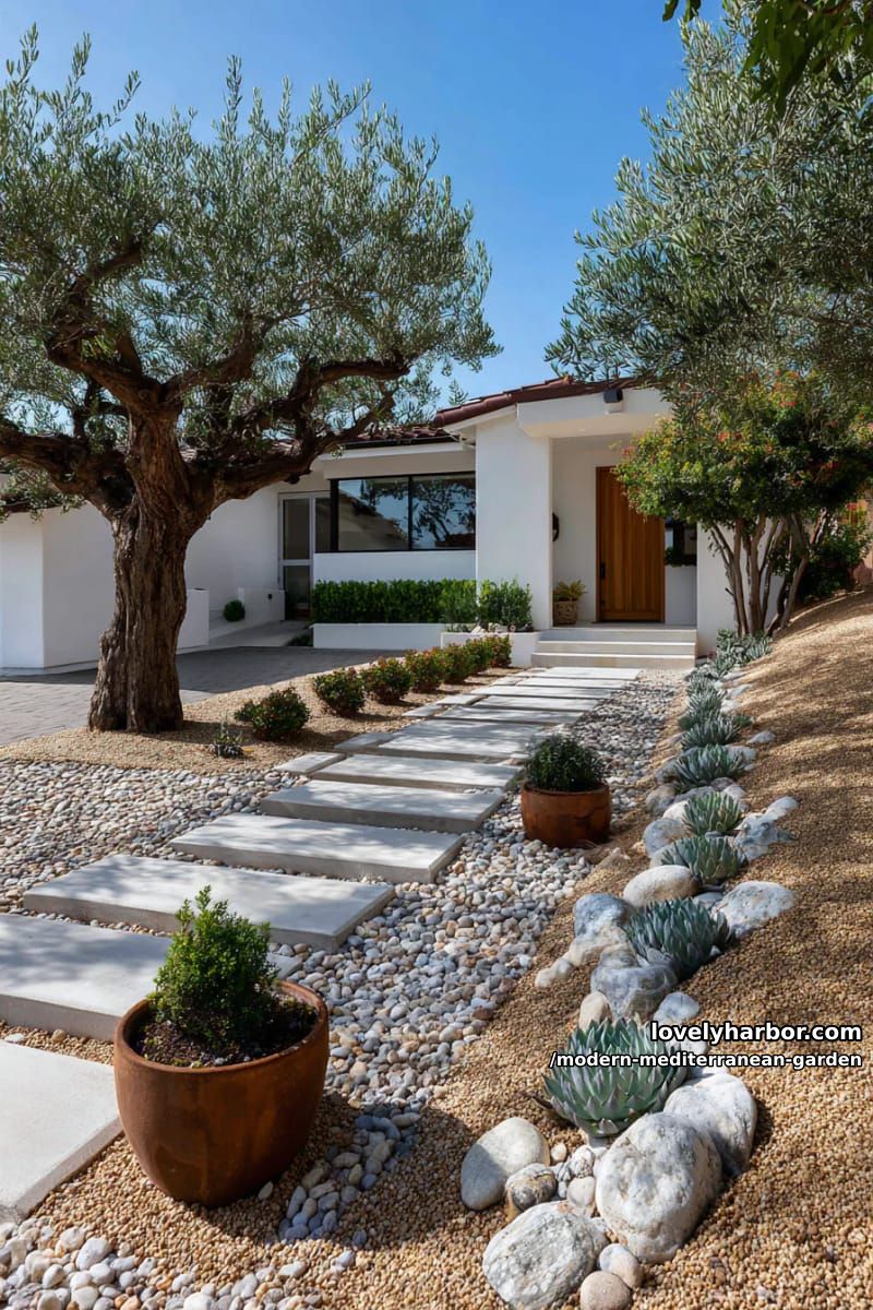 modern mediterranean front yard, mature olive trees, concrete stepping stones, succulents, gravel. 1